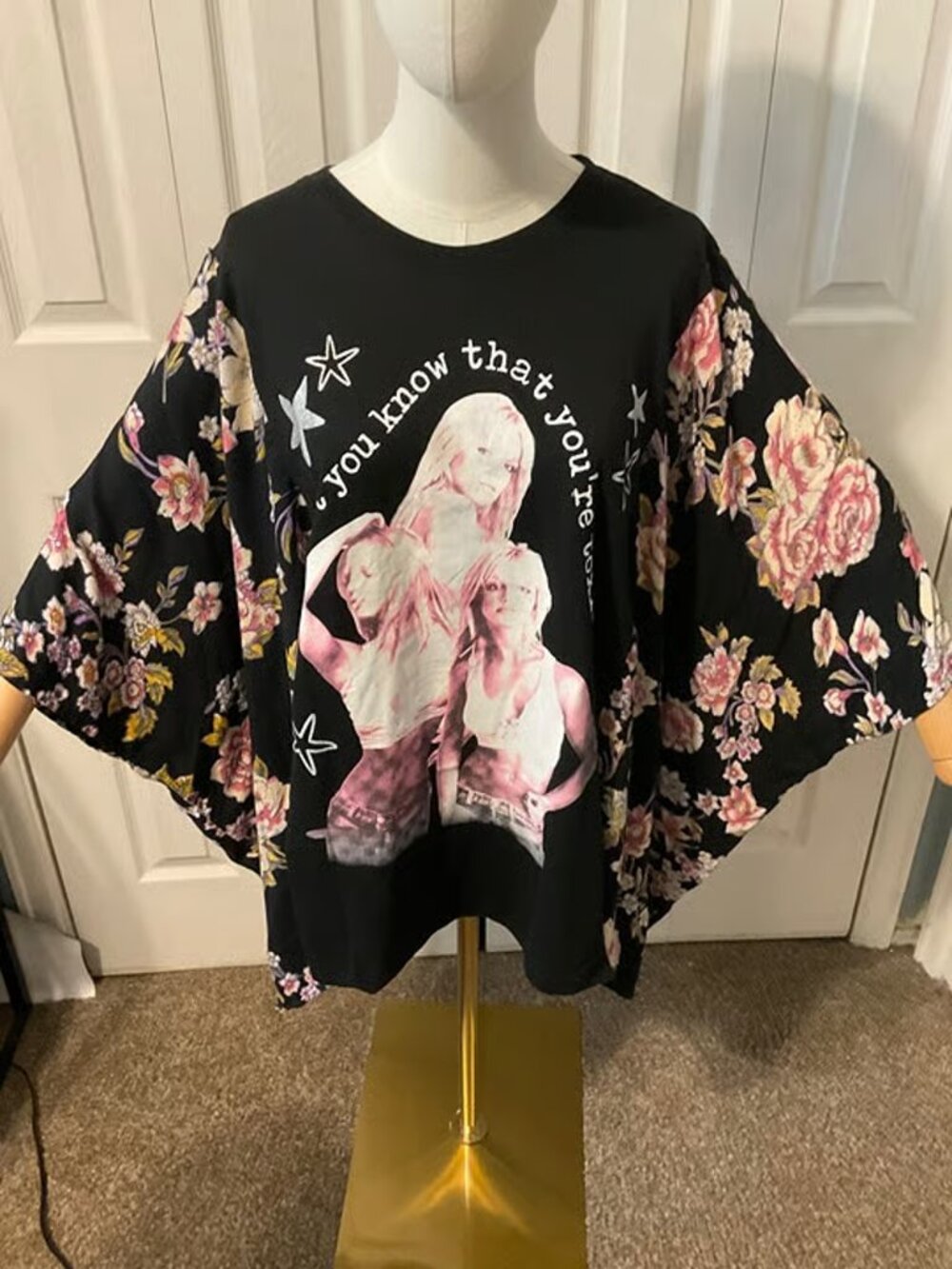 Britney Spears Toxic Upcycled Graphic T-Shirt with Flowy Floral Sleeves - OSFM